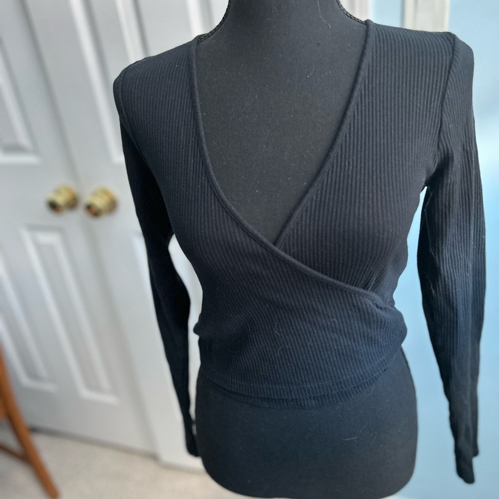Zara Black Ribbed Wrap Blouse